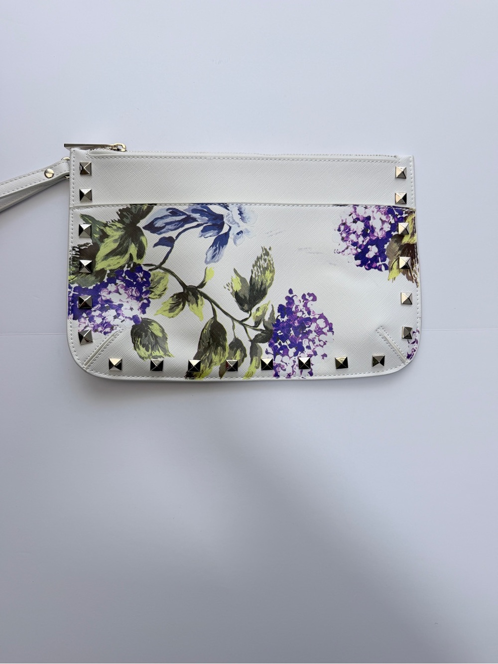 White House Black Market Floral Studded Wristlet Clutch White Purple Zip Pouch - Picture 4 of 7